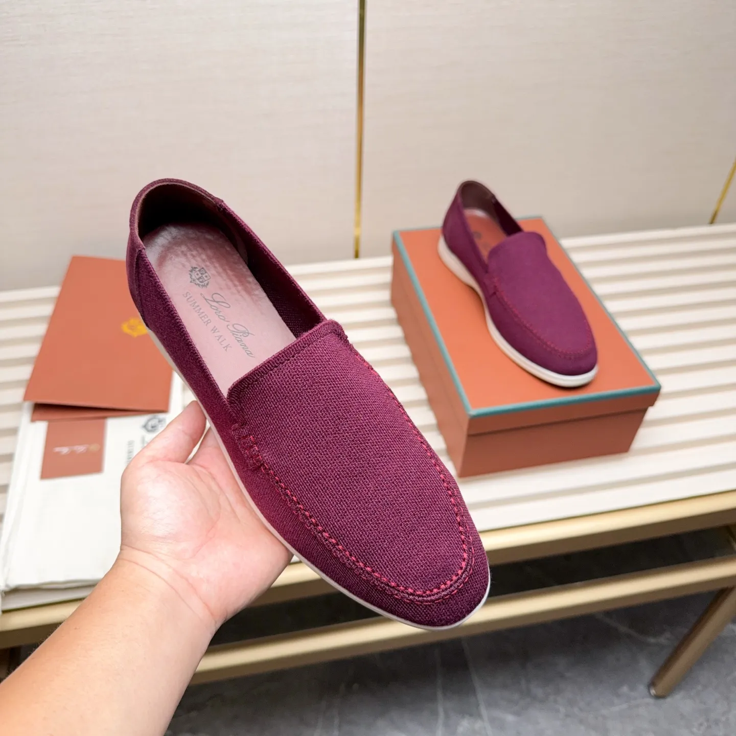 Men's Men's Shoes 💰400 Loro PIana moccasins are made of wish wool fabric. The upper is made of knitted fabric, made on a loom, and then attached to a rubber sole. The Rain System's water-repellent treatment enhances the shoe's functional design, while the suede details give the shoe a sense of elegance and sophistication. Made from Wish, fine wool from Australian and New Zealand Merino sheep